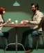 Placeholder: man and woman sitting in cafeteria and having breakfast levitating, Wes Anderson, soft color, highly detailed, unreal engine 5, ray tracing, RTX, lumen lighting, ultra detail, volumetric lighting, 3d, finely drawn, high definition, high resolution.