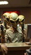 Placeholder: Aliens with masks rubbing bank holding guns and teller put his hands up