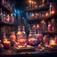 Placeholder: magic shop, magical treats and candy in jars, magical books and wands everywhere very dark room, candle light, bright vibrant colors, glowing sparkle particles, dark tone, sharp focus, high contrast, 8k resolution, incredible depth, shallow depth of field, dramatic lighting, beautifully intricate details, clean environment, epic dynamic scene