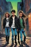 Placeholder: Design a detective book cover for teenagers. Three 15-year-old teenage detectives and a black cat in the centre, one boy on her left, the girl in the centre and one on her right are on the town street. Dynamic poses, Banksy style, modern comic book style, mysterious atmosphere, modern clothes, streetwear, street look, Polish style, highly detailed, green eyes, brown eyes, ginger hair, brown hair, blonde hair,