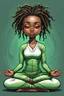 Placeholder: Create a shiny vector art painting for a chibi cartoon black female wearing a light green yoga suit sitting on the floor Indian style. She is meditating with her eyes closed. Prominent make up . Highly detailed dreadlocks