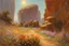 Placeholder: sunny day, planet in the sky, rocks, flowers, cliffs, sci-fi, friedrich eckenfelder and henry luyten impressionism paintings