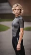 Placeholder: photography of a beautiful anorexic woman, grey satin triathlon top, sports illustrated, blond short wavy bob haircut, pronounced sternum, anthracite running leggins