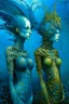 Placeholder: A beautiful two girls with a colorful peacock hair , full body’s , front view . decayed and rotting with grotesque proportions and imagery. grotesqueries, detailed texture, surreal horror, biomechanical design, by hr giger and beksinski , on blue color