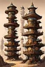 Placeholder: 한옥집들이 빽빽하게 들어선 스팀펑크 스타일의 타워. 동양의 환상, 오리엔탈리즘, 한국의 오방색