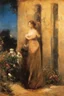 Placeholder: Night, one woman, house, dirt, flowers, vegetations, arnold bocklin, and henry fuseli paintings