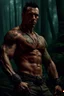 Placeholder: Jason David Frank Very muscular man with short hair and tribal tattoos piercings in forest, realistic face, close-up, dark fantasy, smoke in the sky, intricate details, hyper detailed