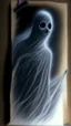 Placeholder: pencil drawing of a ghost. Spooky, scary, halloween, colored pencils, realistic, black paper