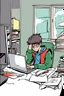 Placeholder: Lonely boy in a pc doing homework very nervous, coloured comic style,