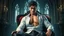 Placeholder: A stunning cinematic illustration inspired by modern high-end fantasy animation, with realistic proportions and highly detailed rendering. A handsome muscular dark-haired man around 35 years old sits in an antique Victorian armchair inside a fade light Gothic castle chamber. His partially unbuttoned white shirt reveals part of his chest, paired with elegant black leather trousers. He stares directly toward the viewer dramatic, determined gaze and quiet intensity.
