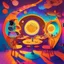 Placeholder: Psychedelic cafe design with hot colors and a mirror space with broken faces and a concept with the sun, moon, stars and galaxy