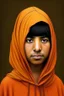 Placeholder: MALALA YOUSAFZAI with orange hoodie, realistic photos