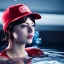 Placeholder: Emma Stone underwater with red hat for hair, closed eyes, rtx, reflection, 8k, glow, winning photography, caustics