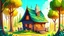 Placeholder: small cute fantasy wooden house near a forest, daytime