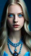 Placeholder: bleu dress with bleu pearls on it, Age 22, girl, white Complexion, light brown eyes, almond eyes shape, long hair, blonde hair, silky hair, square face, button nose,bleu evil eye necklace