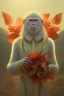 Placeholder: Ape portrait , detailed hands, at dawn by atey ghailan, golden light , white robe, holding leaves and flowers , angels background, volumetric light, high detail, red leaf tree, mountains in background, perfect