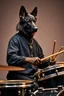 Placeholder: Portrait of a dark german shepherd dark skin male wearing a black clothes with full human body playing the drums with drums sticks in his hands