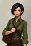 Placeholder: Female Human wizard wearing a dressy green shirt, wears a satchel, she has short black hair with highlights