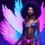 Placeholder: full body shot, masterpiece, best quality, black skinned, sparkling eyes, long hair, gorgeous African Fairy queen,wings,fluorescent skin,light blue makeup,synthwave, light indigo, trasparent , irridescent, highly detailed body, sun light, 4K, RAW, depth of field, high contrast, realistic details, 24mm vaporwave aesthetic, synthwave, artstation, concept art, smooth, extremely sharp detail, finely tuned detail, ultra high definition, 8 k, unreal engine 5, ultra sharp focus