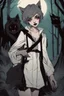 Placeholder: vampire girl showing fangs with short cropped cyberpunk hair wandering with her wolf in tangled forest in the moonlight