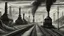 Placeholder: Illustration of an industrial landscape with a monochromatic color scheme, created with charcoal on paper. The scene is dominated by a series of electrical towers and factory smokestacks emitting dark plumes of smoke into the sky. A railway track curves through the landscape, with a small train visible in the distance. A man, around 50 years old, is walking along a path next to a fence. The overall style is reminiscent of industrial-era art, with a focus on texture and atmosphere. The use of cha