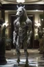 Placeholder: a werewolf humanoid unicorn equisapien lycanthrope male standing in a liminal garden hotel lobby