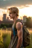 Placeholder: A profile photo of a handsome fifteen year old boy wearing a dusty backpack standing in a field with an abandoned city skyline in the background, sweaty blond hair, wearing a ripped tank top and stained shorts, sunset, tall grass, bright colours, vast landscape, cinematic photography, high resolution, high quality, highly detailed.