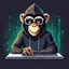 Placeholder: A grinning Monkey sitting in front of a laptop, hacking systems, wearing a hoodie and sunglasses. Matrix in background. Pixel Art. Profile Picture. Avatar. Pixel
