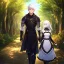 Placeholder: Girl with white hair. Boy with black hair wearing leather armor. Forest path