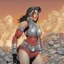 Placeholder: Una mujer luchadora periodista en armadura plateada futurista en un estilo de comic de 1980 en un wasteland en montevideo con un volcan rojo de fondo y pequeños robots