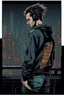 Placeholder: man, profile, cyberpunk, holding a cellphone, comic book art style, geek, engineer, t-shirt, jeans, drug addict, hoodie,