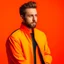 Placeholder: high quality photography 30 year old handsome developer man, stock photo premium, epic view, bright background, profile-pixture shot, closeup. tennis jacket, orange background.