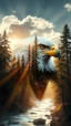 Placeholder: portrait of an eagle Double exposure surreal digital art of a mysterious , his face in profile, blending seamlessly into the shape of the clouds . a magical forest scene unfolds, illuminated by golden light rays, with tall trees and a flowing river.