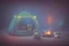 Placeholder: Against a dark cracked holographic marble background, a cute chibi plushy fluffy knitted and embroidered cat, tent, campfire, pond, mist and fog in sunshine, drawn in orange glowing neon lines. The cracks in the background are golden. Ethereal, cinematic postprocessing.