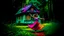 Placeholder: slim nymph dancing in a woodland clearing, with a woodland house behind her. vibrant colour