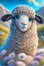 Placeholder: Happy and cute scottish mountain sheep with dreamy sparkling eyes, 4K resolution quality, sitting and holding flower, nursery art, very beautiful and highly polished, with perfect detail, smooth edges, soft hair, flawless facial features , stunning, whimsical fantasy, beautiful, detailed, well rendered, cartoon, illustration