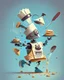 Placeholder: A charming yet clumsy robot chef wearing a toque and apron, attempting to flip pancakes while juggling kitchen utensils with its many arms.