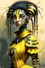 Placeholder: Artist Jean-Baptiste Monge style. A humanoid biomorph Zebra-Spider faced woman. Yellow eyes. A yellow striped ress, covered with spider legs.