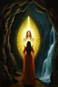 Placeholder: a woman standing in front of a mirror with reflection of her as a beautiful queen with an spiritual light in the mirror, in the dark cave with waterfalls in the background, Bosch painting style