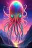 Placeholder: DALL-E 3 P: P: A stunning oil painting in anime style depicting a scary yet colorful creature with translucent, luminous qualities like a jellyfish. The creature has many detailed, iridescent eyes, multiple arms, and large ears. This creature is set against the backdrop of an incredible alien paradise planet at sunset, with vibrant colors and exaggerated perspective. The masterpiece showcases mother of pearl iridescence and holographic whites, creating a terrifying and horror-like atmosphere. Th