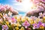 Placeholder: magic garden with freesia, parma or pink flowers, parma or blue light effects colors, sunny rays, realistic, freesia flowers around, beautiful cherry blossoms in spring, seaside, highly detailed, high contrast, 8k, high definition, concept art, sharp focus