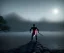 Placeholder: fog as Ninja portrait, black suit, in the night Alps, angels background, volumetric red light, high detail, dark leaf tree, dark mountains in background, perfect, HR Giger style, holding sword, fighting, cinimatic