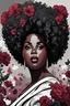 Placeholder: create a expressionism art style image with exaggerated features, 2k. cartoon image of a plus size black female looking off to the side with a large thick tightly curly asymmetrical afro. Very beautiful. With Garnet, black and white flowers