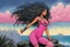 Placeholder: [art by Kevin Eastman and Peter Laird] the surprised Urvāśī, 24-years-old a celestial nymph (apsarā) famed for her divine beauty and allure. wearing a pink one-piece swimsuit , poised on hands and knees, the overcast sky in the background, vintage 1980's photo