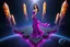 Placeholder: A breathtaking cosmic fantasy scene featuring a stunningly realistic beautiful woman with a perfect face and sculpted figure standing gracefully at the center of a floating geometric platform in deep space. She wears an elegant flowing gown in vibrant purple and pink hues that billow around her perfect form. The platform is constructed from dark cobblestone-like blocks arranged in a cross or star shape. Surrounding her are magnificent crystalline towers and pillars in gold, amber, and electric b
