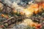 Placeholder: Urban sketch of a beautiful forest in ink and watercolor, storm clouds, full sunset, flowers, kurved path, old wood bridge, gull Modifiers: beautiful award winning