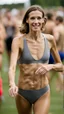 Placeholder: anorexic beautiful woman, age 28, total shot, silvergrey triathlon swimsuit, medium long wavy bob haircut, brunette hair, blurred party crowd in background