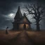 Placeholder: Hyper Realistic Haunted Chapel between a Field & dry old tree at rainy night with scarecrow