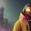 Placeholder: stylized Rabbit, smiling, cyberpunk headphone, sunglass, gangsta gold neckless, full body, magenta puffer jacket, manila city backdrop, dramatic lighting, hyper realistic, unreal engine 5, 16k