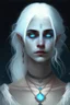 Placeholder: hauntingly beautiful character for dnd, young woman with white hair and blue eyes, angel, with moon necklace, scarred neck